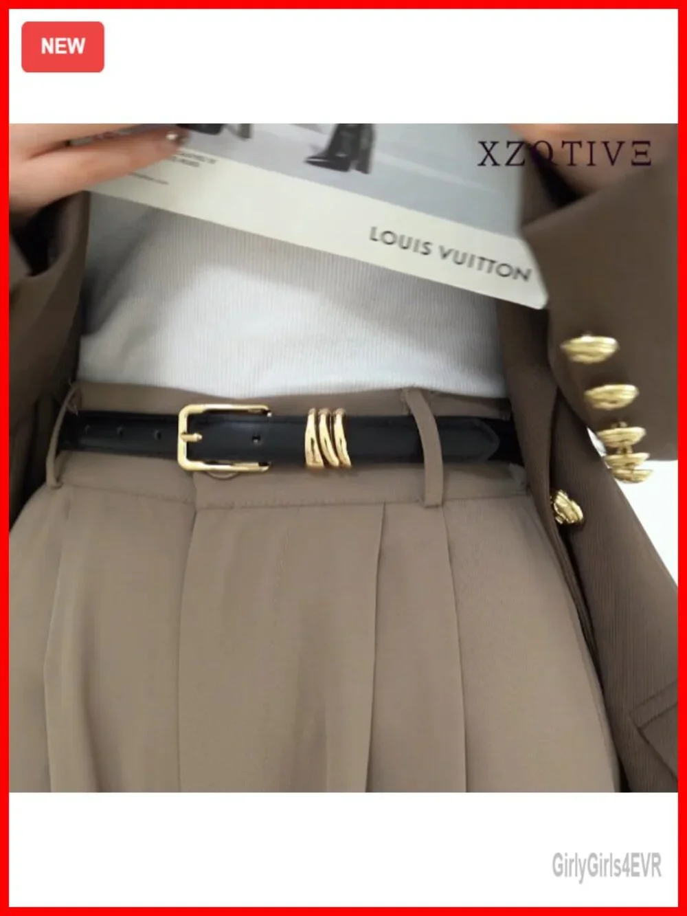 Women Skinny Leather Belt with Gold Buckle and Metal Loops for Dresses Jeans